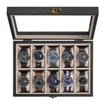 SONGMICS Watch Box with 10 Slots, Watch Case, Solid Wood Watch Box Organiser with Glass Lid, Watch Display Box with Removable Pillows, Gift Idea, Ebony Black JOW100B01