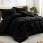 All Season Queen Comforter Set 3 PCs Soft Quilted Down Alternative Comforter+2 Pillow Shams with Corner Tabs,Winter Summer Warm Fluffy,Machine Washable(Black, Queen)