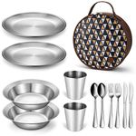 Odoland Stainless Steel Camping Dinnerware Set, Polished Cutlery Tableware Mess Kit Include Plate Bowl Cup Fork Spoon Knife with Carrying Bag for Backpacking Hiking Picnic for 2 Person