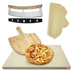 15 Inch Rectangular Pizza Stone 4 Sets,12"x15"x0.59"(OAK) Pizza Stone for Oven and Grill with Bamboo Pizza Peel, Pizza Cutter and 10pcs Cooking Paper,Grill Stone Baking Stone for Bread,BBQ,Grill