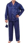 Alexander Del Rossa Men?s Pajama Set, Long Button Down Pajamas, Satin PJ Set, White Dots on Blue with Cream Piping, X-Large Tall