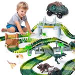 GleamKid 288 PCS Dinosaur Race Car Track Toys, Flexible Dinosaur Track Toy Set, Toys for 3 4 5 6 7 8 Year Old Boys Gifts, 2 Dinosaurs Toy Cars