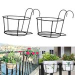 Pivalo Hanging Flower Pot Holder Round Balcony Railing Plant Basket Planter Iron Art Over The Rail Fence Potted Rack Decor for Orchid Deck Patio Ledge (Pack of 2, Black)