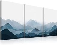 BINCUE Framed Mountain Canvas Wall Art 3 Piece Blue Fog Mountain Painting Wall Decor for Bedroom Living Room Office Decor 12x16 Inch