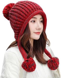HUAMULAN Women Winter Sherpa Cover Ears Beanie Hat Ear Flaps Peruvian Warm Fleece Lined Knit Cute Soft Ski Hats 3 Pompom Red