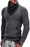 COOFANDY Men's Knitted Turtleneck Pullover Shawl Collar Sweaters Slim Fit High Neck Hoodies with Pockets, Dark Gray, Large