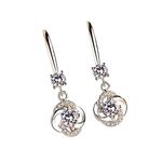 Silver Earrings for Women Elegant Diamond-Studded Creative Earrings Temperament Long Four-Leaf Rose Pendant Earrings Fashion Gifts for Girls Womens, White (zIeWD1lTB)