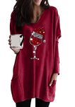 EFOFEI Womens Xmas Christmas O Neck Sweatshirt Solid Color Santa Hat Tunic Casual Red Wine Glass Pullover Wine Red M