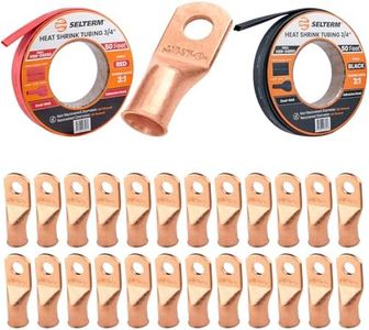 SELTERM 25pcs 1/0 AWG 5/16" Battery Lugs with 3/4" 50ft Black & Red Marine Grade Heat Shrink Tubing Roll, 3:1 Dual Wall Adhesive, Heavy Duty Copper Wire Connectors for Battery Cable Ends & Terminals