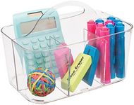 mDesign Plastic Small Office Storage Organizer Utility Tote Caddy Holder with Handle for Cabinets, Desks, Workspaces - Holds Desktop Office Supplies, Pencils, Staplers Lumiere Collection - Clear