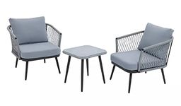 DEVOKO Rope & Iron 3 Piece Patio Garden Outdoor Rope Bistro Set Handwoven Furniture With All Weather Cushioned Chair & Table For Balcony, Lawn, Backyard, Pool (Grey)