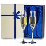 Champagne Glasses Wedding Champagne Flutes - Silver Hand Blown Flute Glasses Set of 2, Wedding Toasting Flutes Wine Flute, Gifts for Bride and Groom, Anniversary, Birthday, Comes with Gift Box