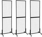 OUDUCK 3 Packs 1.8' x 5.7' Grid Wall Panels Standing Wire Grid, Display Rack with T-Base Wheels Freestanding Gridwall Panel Tower for Shows, Black