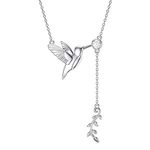 HARMONY BOLA Valentines Day Gifts for Her Hummingbirds Y Necklace 925 Sterling Silver Leaf Pendant Nature Theme Bird Jewerllry Gift for Women