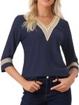 Allegra K Women's 3/4 Sleeve Shirts V Neck Lace Trim Color Block Dressy Tops Navy Blue Large