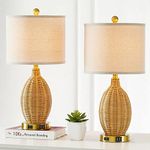 CINSARY Touch Control Rattan Table Lamps, 3 Way Dimmable Bedside Lamps for Bedroom Set of 2 with USB Ports and AC Outlet, Gold Wicker Nightstand Living Room Office (LED Bulbs Included),(CS-TD-64-1)