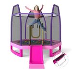COSTWAY 7ft Kids Trampoline, Hexagonal Trampolines with Slide, Ladder, Safety Enclosure Net and Ocean Balls, Toddler Jumping House for Indoor Outdoor (Purple + Pink)