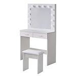 TUKAILAi White Dressing Table Set with Hollywood LED Lights, Mirror, 2 Large Drawers and Stool Vanity Makeup Table with Adjustable 3 Color LED Lights for Bedroom Girl Women