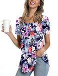 POPYOUNG Womens Summer Henley Shirts Button up Casual Short Sleeve Blouse L,Mixed Color Light Flower