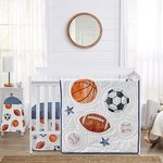 Sweet Jojo Designs Sports Theme Boy Baby Crib Bedding Set Infant Nursery Room Blanket Fitted Sheet Skirt Diaper Stacker 4pc Watercolor Vintage Sport Soccer Balls Football Baseball Basketball Blue Star