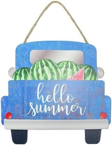 AuldHome Design Hello Summer Door Sign, Wall Decor Rustic Farmhouse Sign, Pickup Truck Shaped 3D Sign