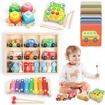 Baby Sensory Toys 12+ Months, 5 IN 1 Wooden Montessori Toys for 1 2 3 Year Olds, Educational Toys, Xylophone Toys, Magnetic Train Toys, Fashing Game, Shape Sorting Board, Toddlers Birthday Gifts