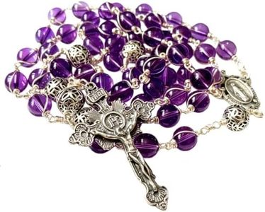 elegantmedical HANDMADE Bali 925 Sterling Silver Beads Purple Amethyst Catholic necklace Wire Wrap Rosary Cross